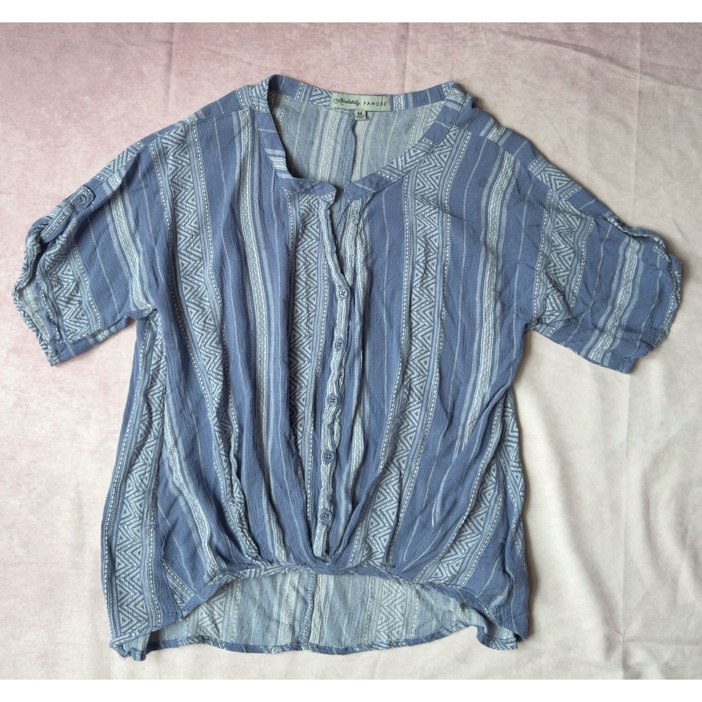 Absolutely Famous Women's Button-Front Striped Short Sleeve Hi-Lo Top